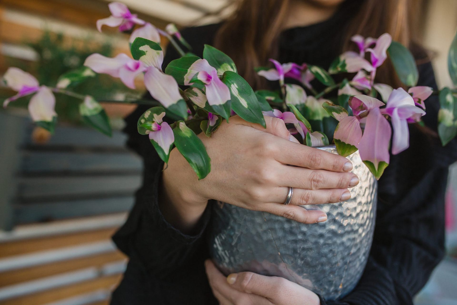 Javiera sosteniendo una planta con flores